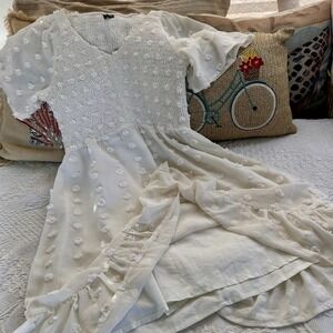 Annebouti Swiss Dot Midi Dress Sz XS Cream Smocked Cute Swing‎ Ruffle Hem Girlie